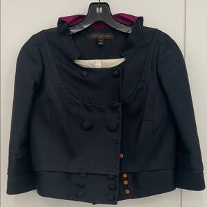 Louis Vuitton women’s Navy Crop blazer with purple collar lining /orange snaps